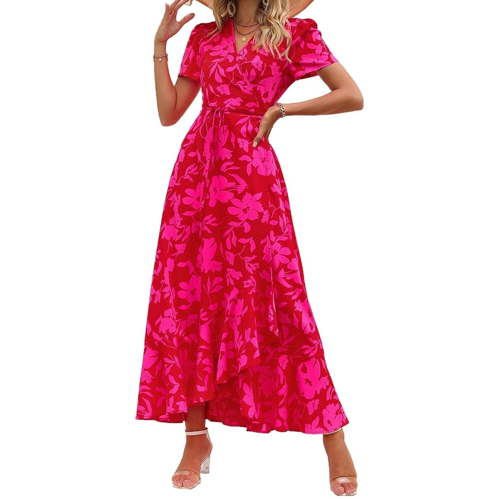 PRETTYGARDEN Women's Boho Floral Midi Dress Short Sleeve Wrap V Neck Sz large